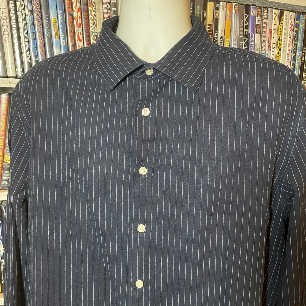 Joseph Abboud Men XL Navy Blue Pinstripe Linen Cotton Modern Fit Button Up shirt
